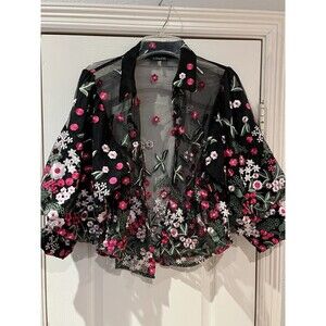 CQ by CQ Women Large Artsy Sheer Floral Puffed Sleeves Blouse Preppy